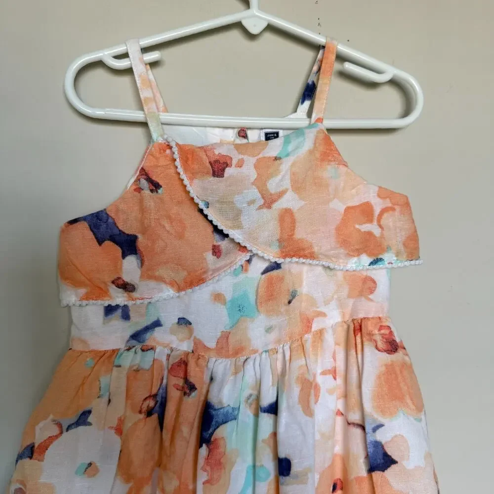 Janie And Jack Girls Floral Dress 5 Linen Sleeveless Lined Watercolor Pom Pom